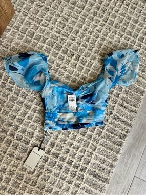 Abercrombie & Fitch Blue Floral Puff-Sleeve Crop Top